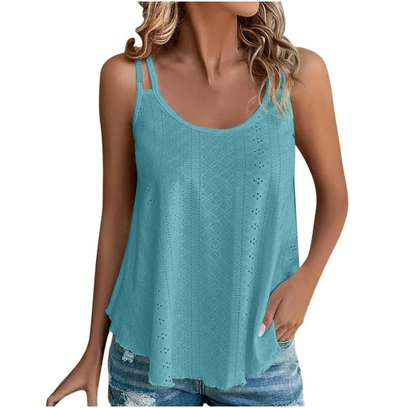 Lovskoo Eyelet Summer Tops for Women 2024 Tank Tops U Neck Sleeveless Tank Top Solid Color Casual Trendy Top Blue