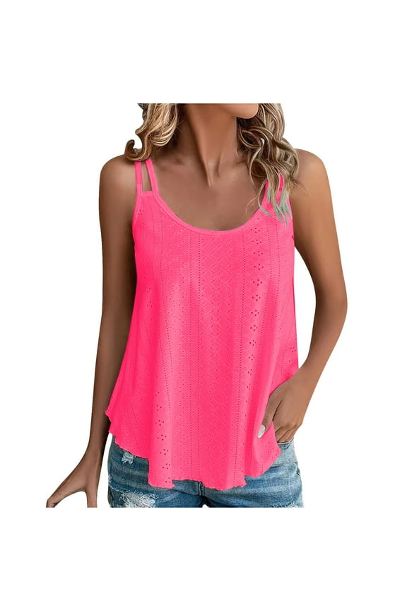 Eyelet Summer Tops for Women 2024 Tank Tops U Neck Sleeveless Tank Top Solid Color Casual Trendy Top Pink
