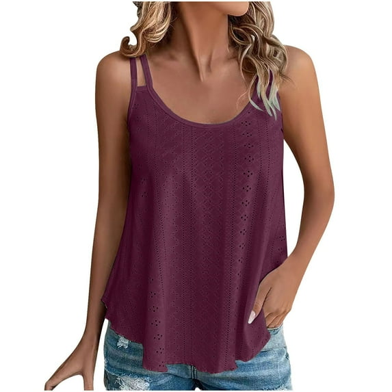 Lovskoo Eyelet Summer Tops for Women 2024 Tank Tops U Neck Sleeveless Tank Top Solid Color Casual Trendy Top Purple