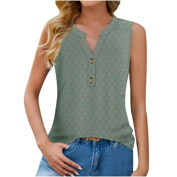 Lovskoo Eyelet Summer Tops for Women 2024 Tank Tops V Neck Sleeveless Button Solid Color Tank Top Olive Green