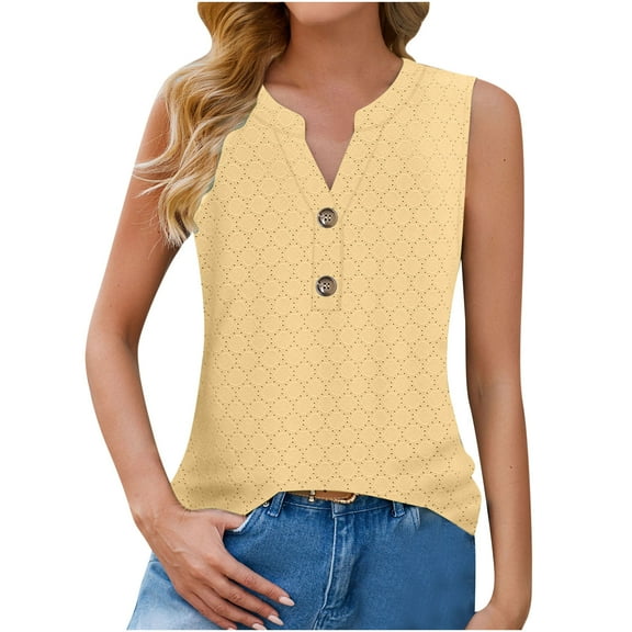 Lovskoo Eyelet Summer Tops for Women 2024 Tank Tops V Neck Sleeveless Button Solid Color Tank Top Yellow