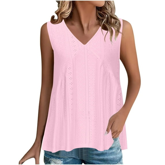 Lovskoo Eyelet Summer Tops for Women 2024 Tank Tops V Neck Sleeveless Casual Solid Color Tanks Top Pink
