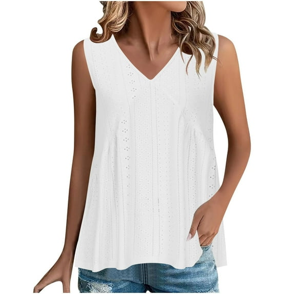 Lovskoo Eyelet Summer Tops for Women 2024 Tank Tops V Neck Sleeveless Casual Solid Color Tanks Top White