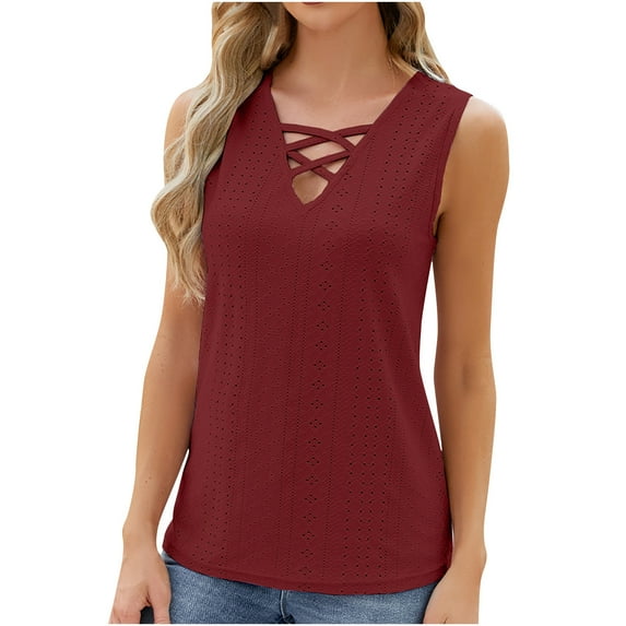 Lovskoo Eyelet Summer Tops for Women 2024 Tank Tops V Neck Sleeveless Solid Color Hollow Breathable Lock Tie Top Red