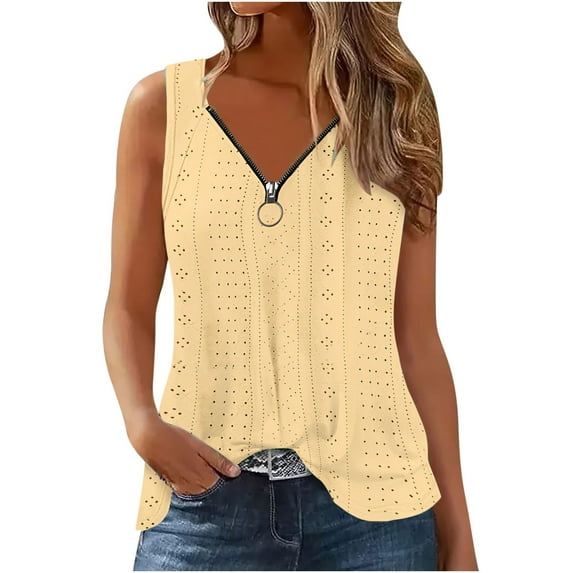 Lovskoo Eyelet Summer Tops for Women 2024 Tank Tops V Neck Sleeveless Zipper Casual Solid Color T Shirt Tank Blouse Tops Yellow