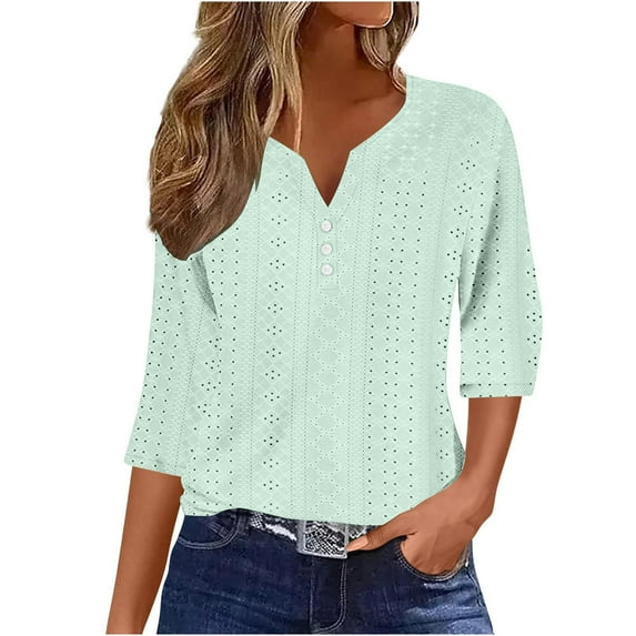 Lovskoo Eyelet Summer Tops for Women 2024 V Neck 3/4 Sleeve Loose Casual Solid Color Top Mint Green