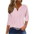 thumbnail image 1 of Lovskoo Eyelet Summer Tops for Women 2024 V Neck 3/4 Sleeve Loose Casual Solid Color Top Pink, 1 of 5