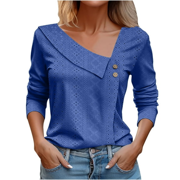 Lovskoo Eyelet Summer Tops for Women 2024 V Neck Long Sleeve Loose Casual Solid Color Shirt Top Blue