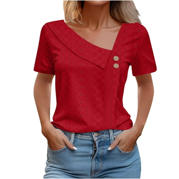 Lovskoo Eyelet Summer Tops for Women 2024 V Neck Short Sleeve Loose Casual Solid Color T Shirt Top Red