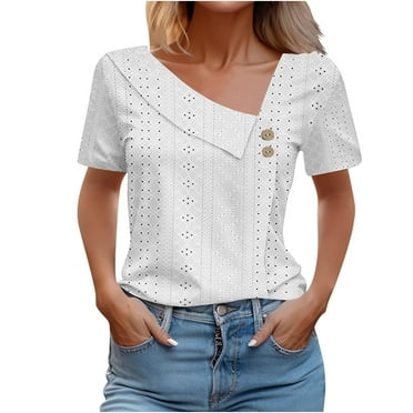 Lovskoo Eyelet Summer Tops for Women 2024 V Neck Short Sleeve Loose Casual Solid Color T Shirt Top White