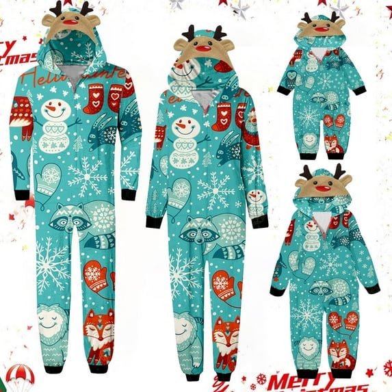 Lovskoo Family Matching Christmas Onesie Pajamas for Men Xmas Snowman Printed One Piece Hooded Romper Pj's Zipper Jumpsuit Loungewear Jammies Sleepwear Light Blue