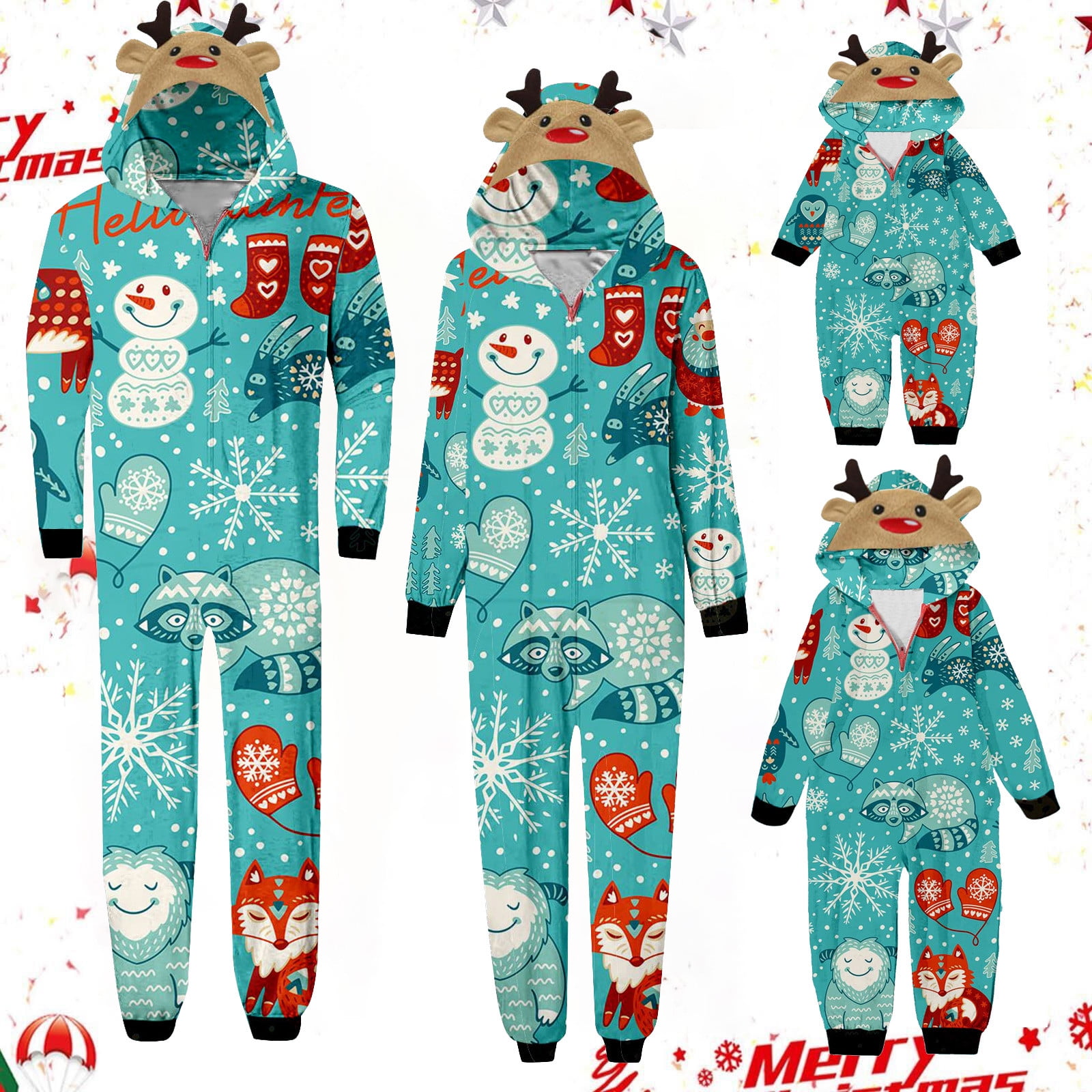 Lovskoo Family Matching Christmas Onesies Pajamas for Women Xmas Snowman Printed One Piece Hooded Romper Pj's Zipper Jumpsuit Loungewear Jammies Sleepwear Light Blue