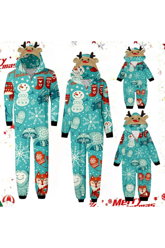 Family Matching Christmas Onesies Pajamas for Women Xmas Snowman Printed One Piece Hooded Romper Pj's Zipper Jumpsuit Loungewear Jammies Sleepwear Light Blue