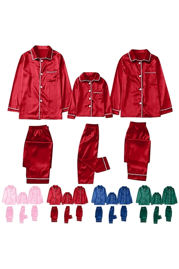 Family Satin Christmas Pajamas Sets Solid Silk Button Down Shirt and Pants Matching Sets Soft Sleepwear for Family 2025 for Dad Blue