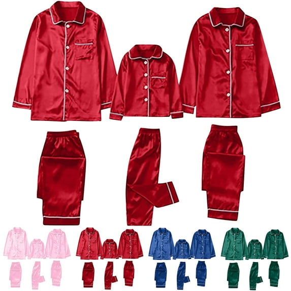 Lovskoo Family Satin Christmas Pajamas Sets Solid Silk Button Down Shirt and Pants Matching Sets Soft Sleepwear for Family 2025 for Dad Red