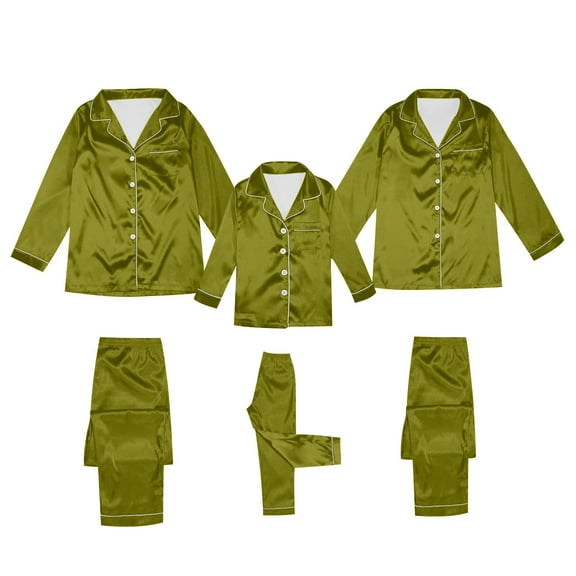 Zwiiyzr Family Satin Christmas Pajamas Sets Solid Silk Button Down Shirt and Pants Matching Sets Soft Sleepwear for Mens Womens 2025 for Dad Army Green