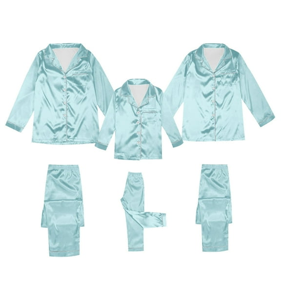 Zwiiyzr Family Satin Christmas Pajamas Sets Solid Silk Button Down Shirt and Pants Matching Sets Soft Sleepwear for Mens Womens 2025 for Dad Light Blue