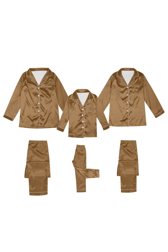 Family Satin Christmas Pajamas Sets Solid Silk Button Down Shirt and Pants Matching Sets Soft Sleepwear for Mens Womens 2025 for Mom Khaki