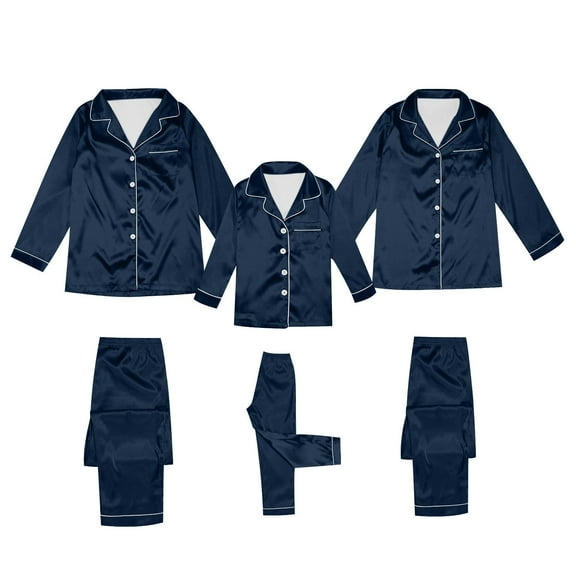 Zwiiyzr Family Satin Christmas Pajamas Sets Solid Silk Xmas Button Down Shirt and Pants Matching Sets Soft Sleepwear for Mens Womens 2025 for Dad Navy
