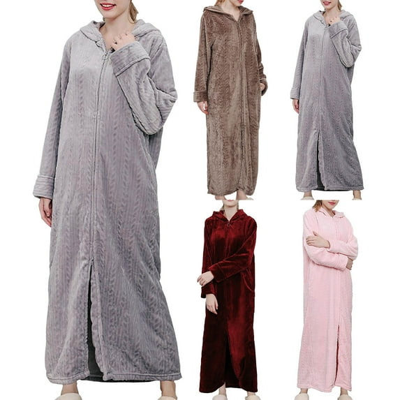 Lovskoo Flannel Bathrobe for Women Winter Warm Nightgown Home Color Long Dress Extended Hooded Dress Loungewear Pink