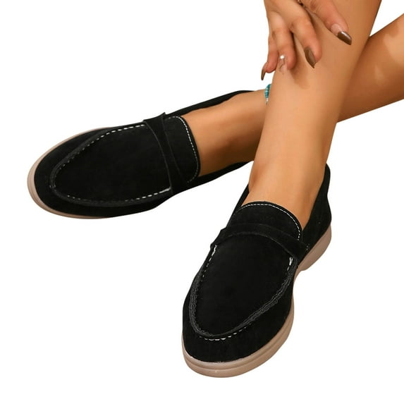 Lovskoo Flats Loafers Comfortable Loafers For Women Round Toe Faux Suede Slip-On Moccasins Shoes Classic Casual Driving Penny Loafers Black