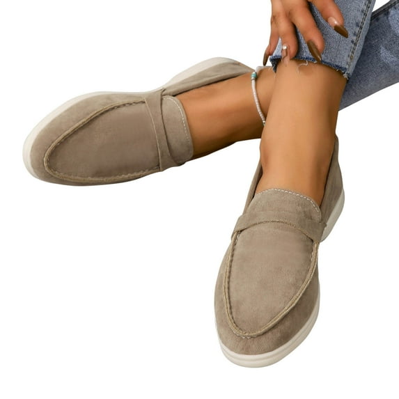 Lovskoo Flats Loafers Comfortable Loafers For Women Round Toe Faux Suede Slip-On Moccasins Shoes Classic Casual Driving Penny Loafers Brown