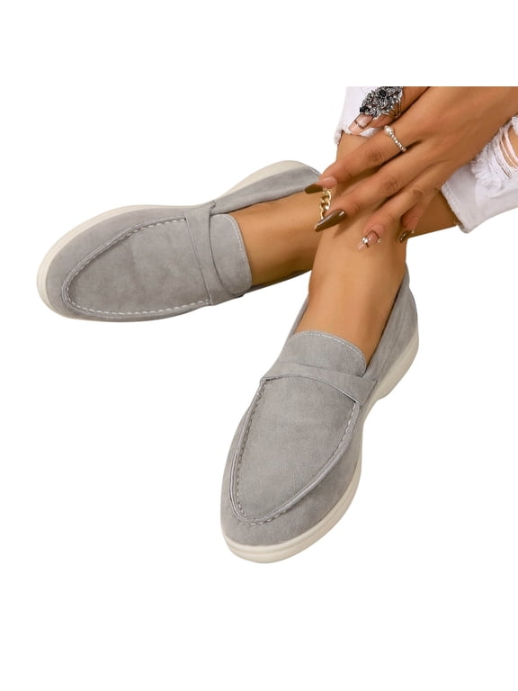 Flats Loafers Comfortable Loafers For Women Round Toe Faux Suede Slip-On Moccasins Shoes Classic Casual Driving Penny Loafers Gray