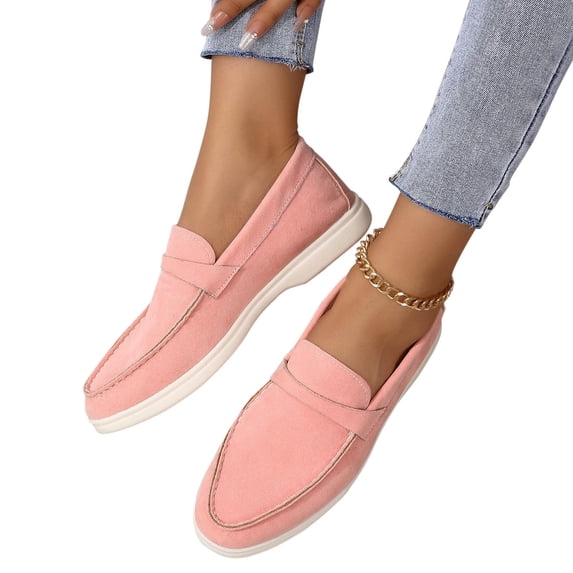 Lovskoo Flats Loafers Comfortable Loafers For Women Round Toe Faux Suede Slip-On Moccasins Shoes Classic Casual Driving Penny Loafers Pink