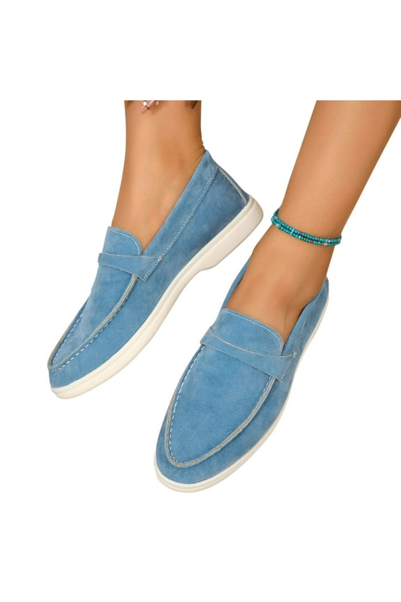 Flats Loafers Comfortable Loafers For Women Round Toe Faux Suede Slip-On Moccasins Shoes Classic Casual Driving Penny Loafers Sky Blue
