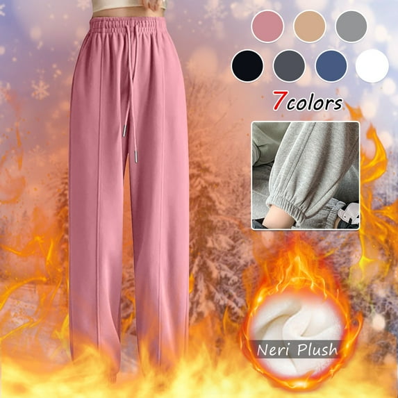 Lovskoo Fleece Lined Pants Women Closed Bottom Sports Solid Color Loose Casual Straight Leg Large Size Long Pants Pink