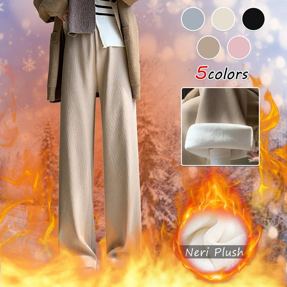 Lovskoo Fleece Lined Pants Women Plush Wide Leg Pants High Waist Straight Leg Loose Fitting Casual Knitted Pants Gray