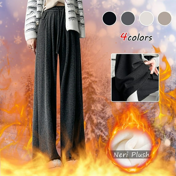 Lovskoo Fleece Lined Pants Women Plush Wide Leg Pants with Drawstring High Waist Straight Leg Loose Fitting Casual Knitted Pants Black