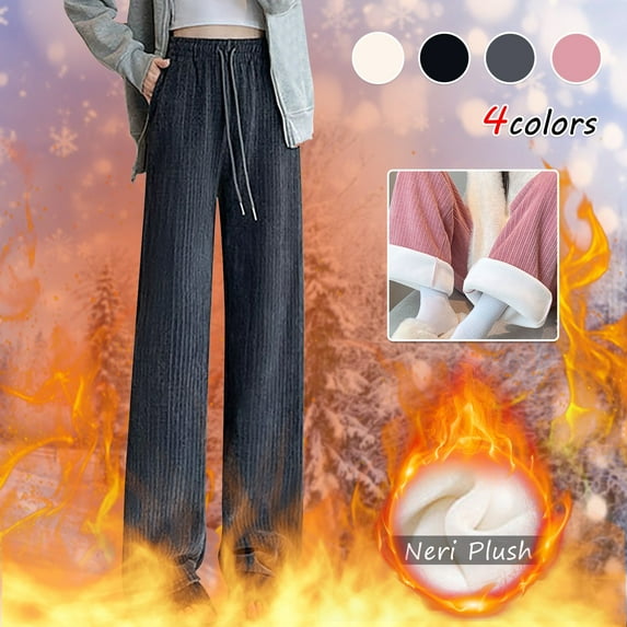 Lovskoo Fleece Lined Pants Women Plush and Thickened Solid Color Wide Leg Pants Loose Casual Straight Leg Large Size Long Pants Black