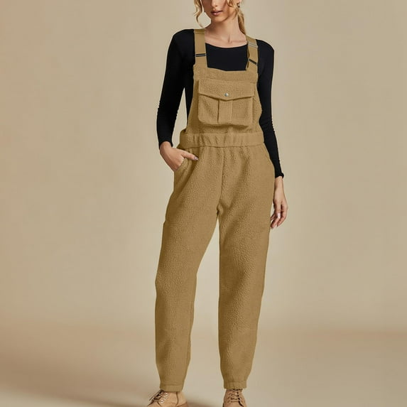 Lovskoo Fleece Overalls for Women Bib Fuzzy Pants Solid Color 2025 Fall Winter Adjustable Romper Jumpsuit With Pocket Beige M