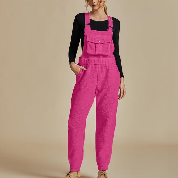 Lovskoo Fleece Overalls for Women Bib Fuzzy Pants Solid Color 2025 Fall Winter Adjustable Romper Jumpsuit With Pocket Hot Pink 2XL