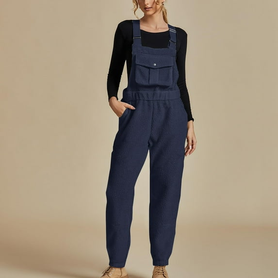Lovskoo Fleece Overalls for Women Bib Fuzzy Pants Solid Color 2025 Fall Winter Adjustable Romper Jumpsuit With Pocket Navy 2XL