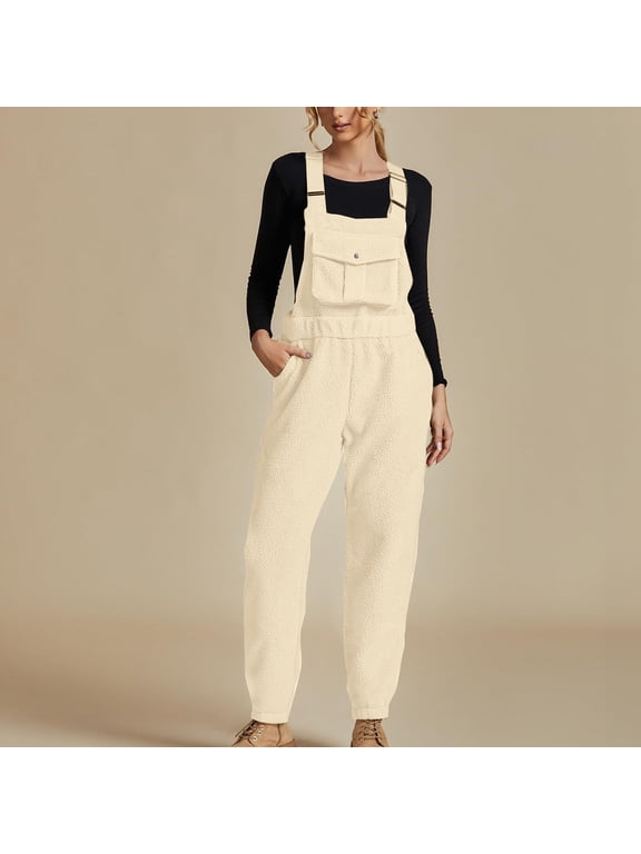 Fleece Overalls for Women Bib Fuzzy Pants Solid Color Fall Winter Adjustable Romper Jumpsuit With Pocket White S