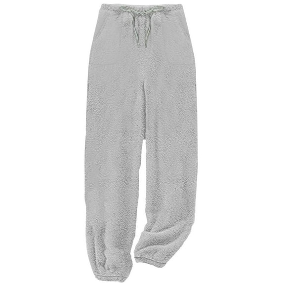 Lovskoo Women's Fuzzy Lounge Pants Winter Solid Color Pants Comfortable Home Drawstring Pants Pocket Leg Tights Gray