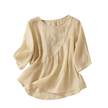 Lovskoo Flowy Cotton Linen Shirts for Women Blouses Tops 3/4 Sleeve Round Neck Summer Tops Solid Color Shirt Slim Top Shirt Yellow