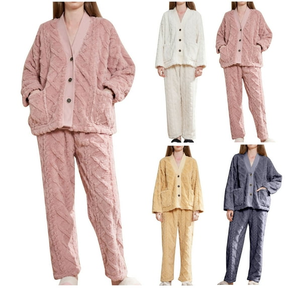 Lovskoo Fuzzy Fleece Lounge Sets for Women Fall/Winter Thickened Thermal Flannel Winter Long Sleeve Homewear Set Pajams Gray