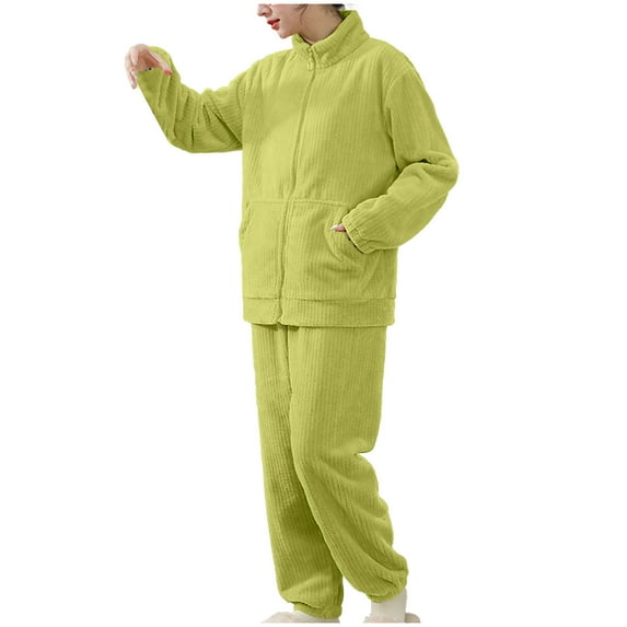 Lovskoo Fuzzy Fleece Lounge Sets for Women Warm Plush Thickened Pajama Set Zipper Pocket Home Suit Set Green
