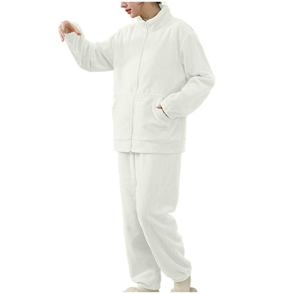 Lovskoo Fuzzy Fleece Lounge Sets for Women Warm Plush Thickened Pajama Set Zipper Pocket Home Suit Set White