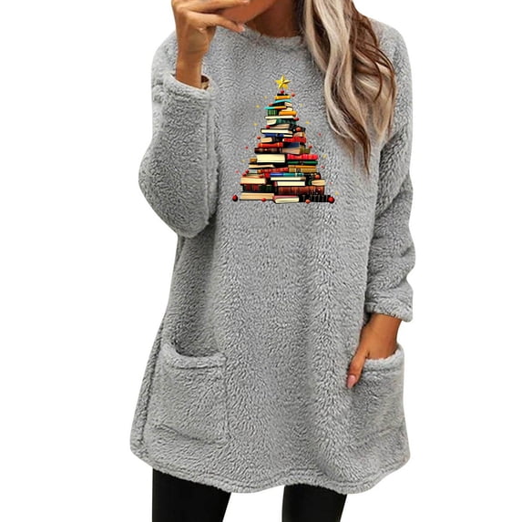 Lovskoo Fuzzy Fleece Pullover Tops for Women Winter Warm Christmas Printed Long Sleeve with Pocket Crewneck Solid Color Warm Top Gray