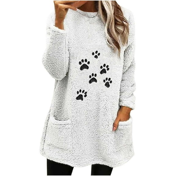 Lovskoo Fuzzy Fleece Pullover Tops for Women Winter Warm Christmas Printed Long Sleeve with Pocket Crewneck Solid Color Warm Top White