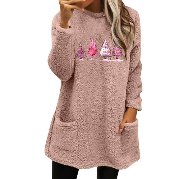 Lovskoo Fuzzy Fleece Pullover Tops for Women Winter Warm Printed Long Sleeve with Pocket Crewneck Solid Color Warm Top Pink