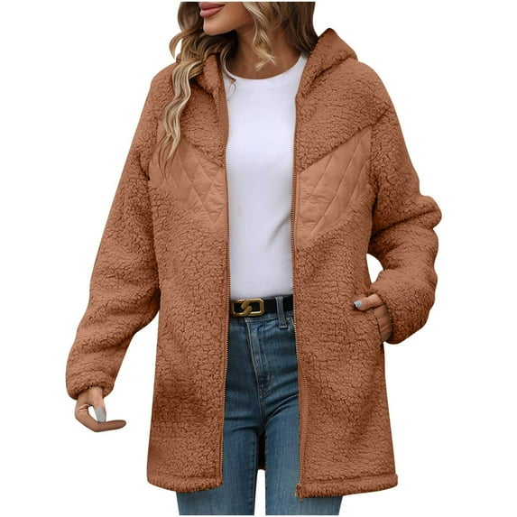 Lovskoo Fuzzy Fleece Winter Coats for Women Casual Long Sleeve Loose Zipper Solid Color Fleece Coat Hooded Jacket Khaki