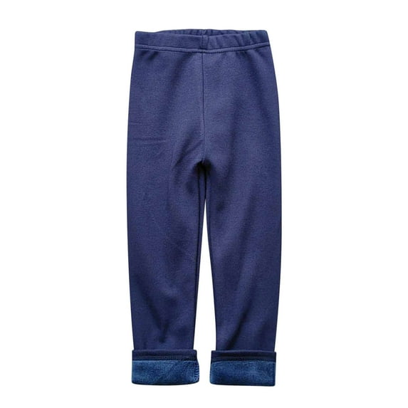 Zwiiyzr Girls Ankle Length Leggings Fall Winter Elastic Pants Fashion Solid Color Fleece Warm Casual Plush Leggings For 2-11 Years Old Navy