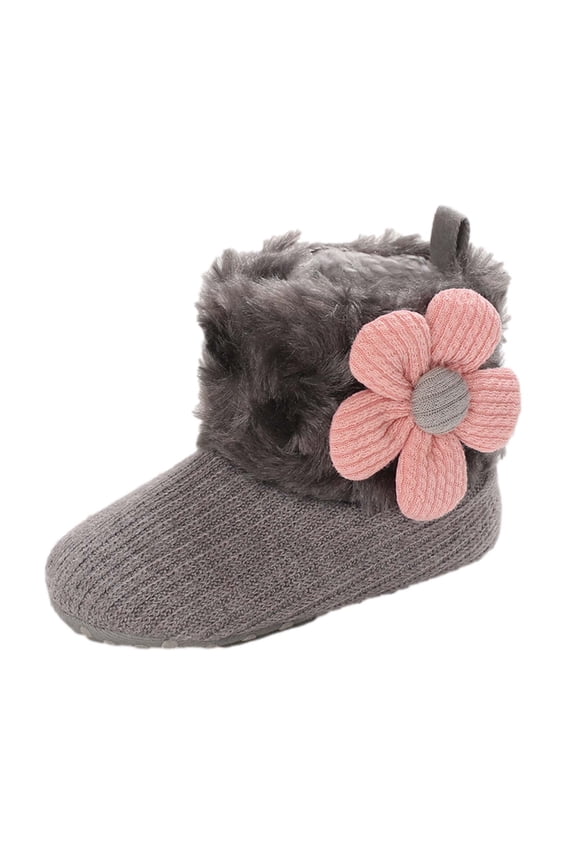 Girls Baby First Walking Shoes 0-15 Months Infant Snow Booties Toddler Shoes Cute Flowers Booties Soft Cotton Shoes Warm Shoes Gray