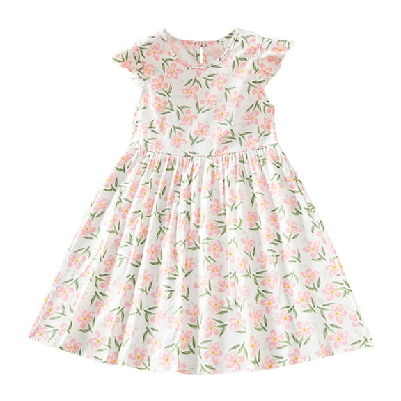 Zwiiyzr Girls Dress Flutter Sleeve A-Line Sundress Casual Midi Dresses for 3-10 Years Kids White