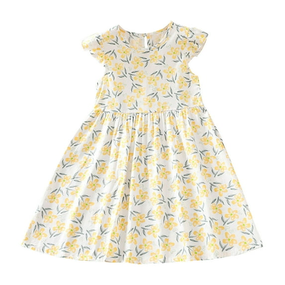 Zwiiyzr Girls Dress Flutter Sleeve A-Line Sundress Casual Midi Dresses for 3-10 Years Kids Yellow